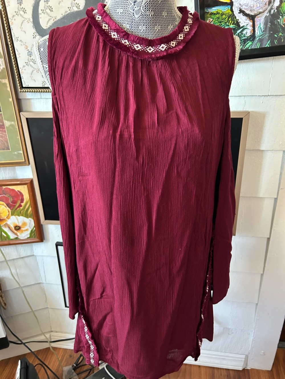 Charlotte Russe Burgundy Sleeveless Midi Dress with Embroidered Neck